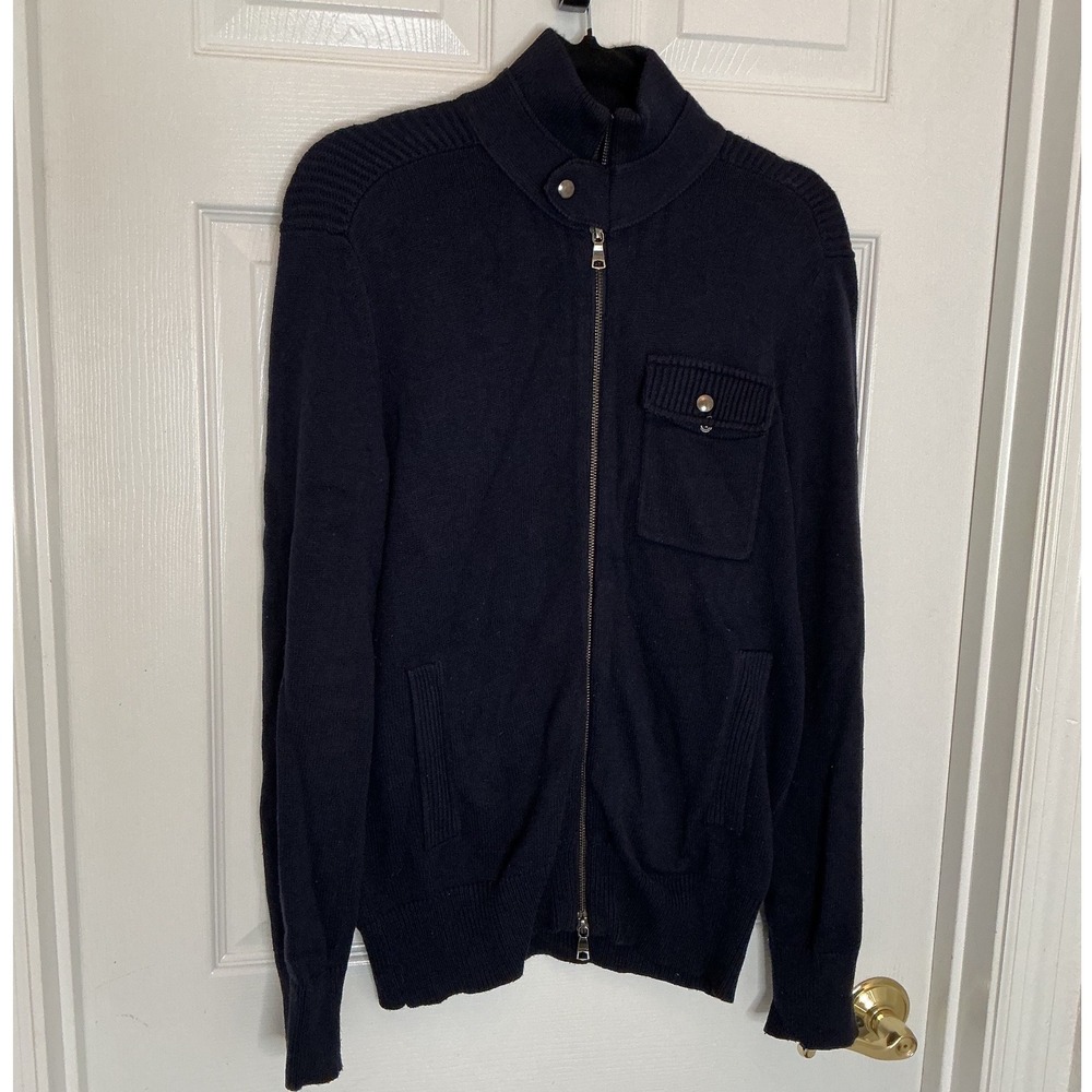 Banana Republic Mens Navy Blue Full Zip Mock Neck Sweater Small Ribbed Shoulder